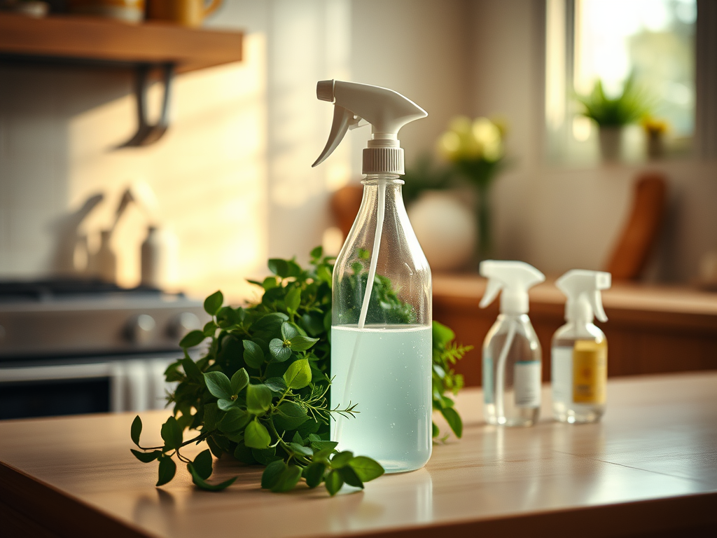 A bottle of eco-friendly cleaning spray on a kitchen counter surrounded by a green plant, with additional spray bottles in the background.