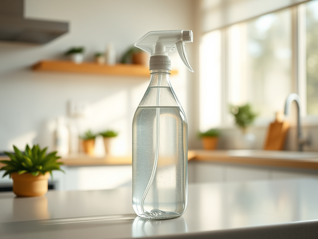 A clear spray bottle filled with a liquid sits on a kitchen counter, with plants in the background and sunlight streaming through the window.