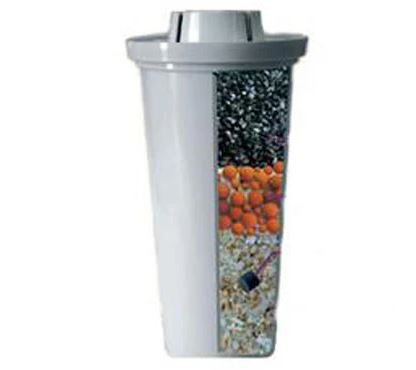 Image of a water filter cartridge showcasing different filtration materials layered inside, including black granules, orange beads, and white minerals.
