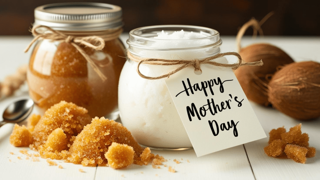 Two jars of homemade body scrub, one dark brown and the other white, with a tag that says 'Happy Mother's Day'. Brown sugar is scattered around, and coconut shells are in the background.