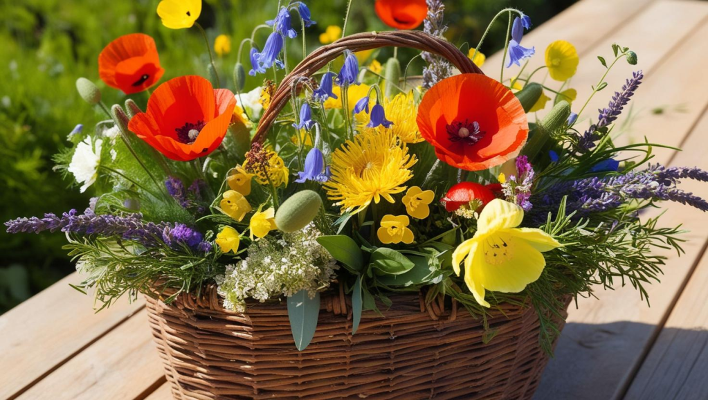 A beautifully arranged basket filled with colorful flowers, including orange poppies, yellow blooms, lavender, and greenery, placed on a wooden surface.
